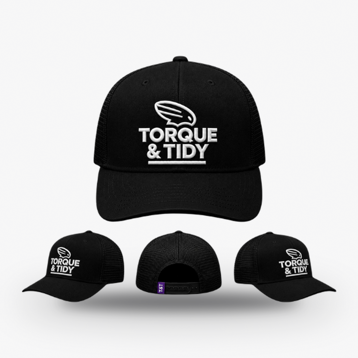 The Classic Trucker cap in black with white Torque & Tidy embroidery