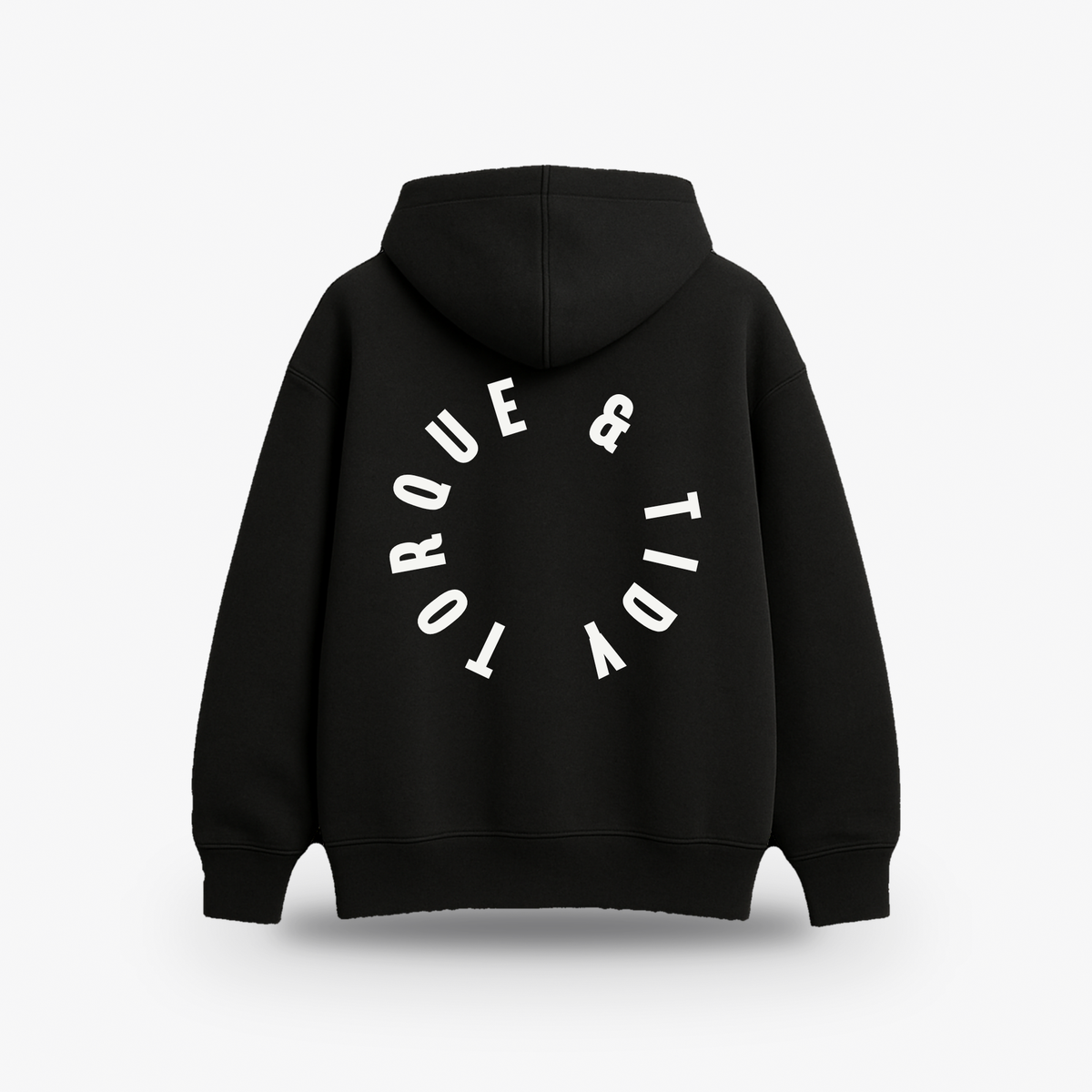 The Halo Hoodie in black, back with large circular Torque & Tidy print