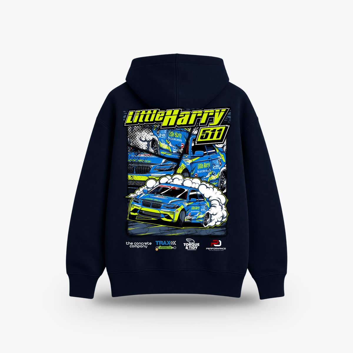Little Harry Hoodie in navy, back print with Harry's #511 drift car