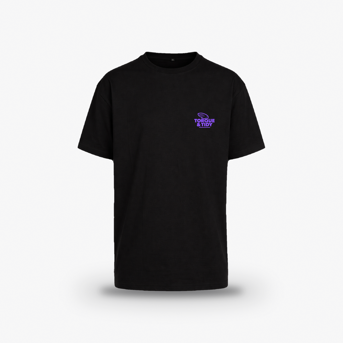 The Care Tee in black, front with small chest logo
