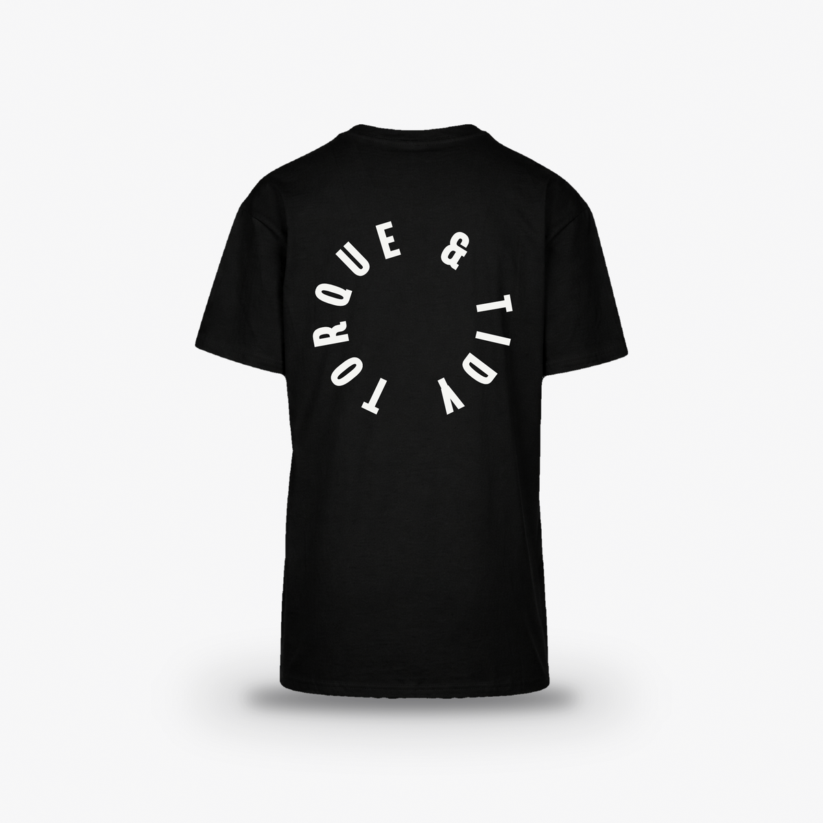The Halo Tee in black, back with large circular Torque & Tidy print