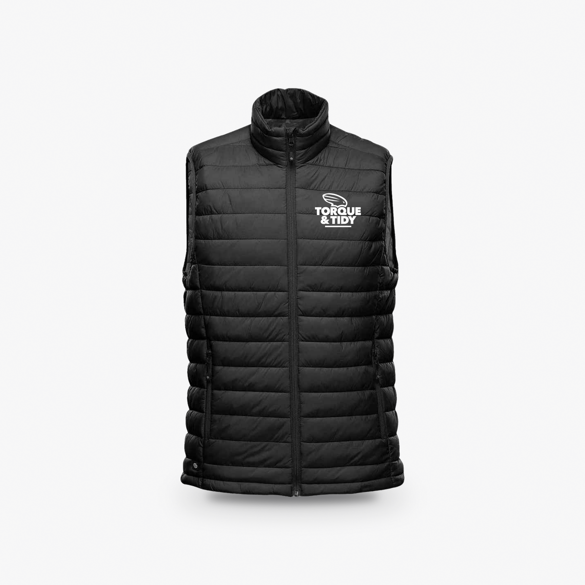 The Gilet in black with Torque & Tidy chest logo