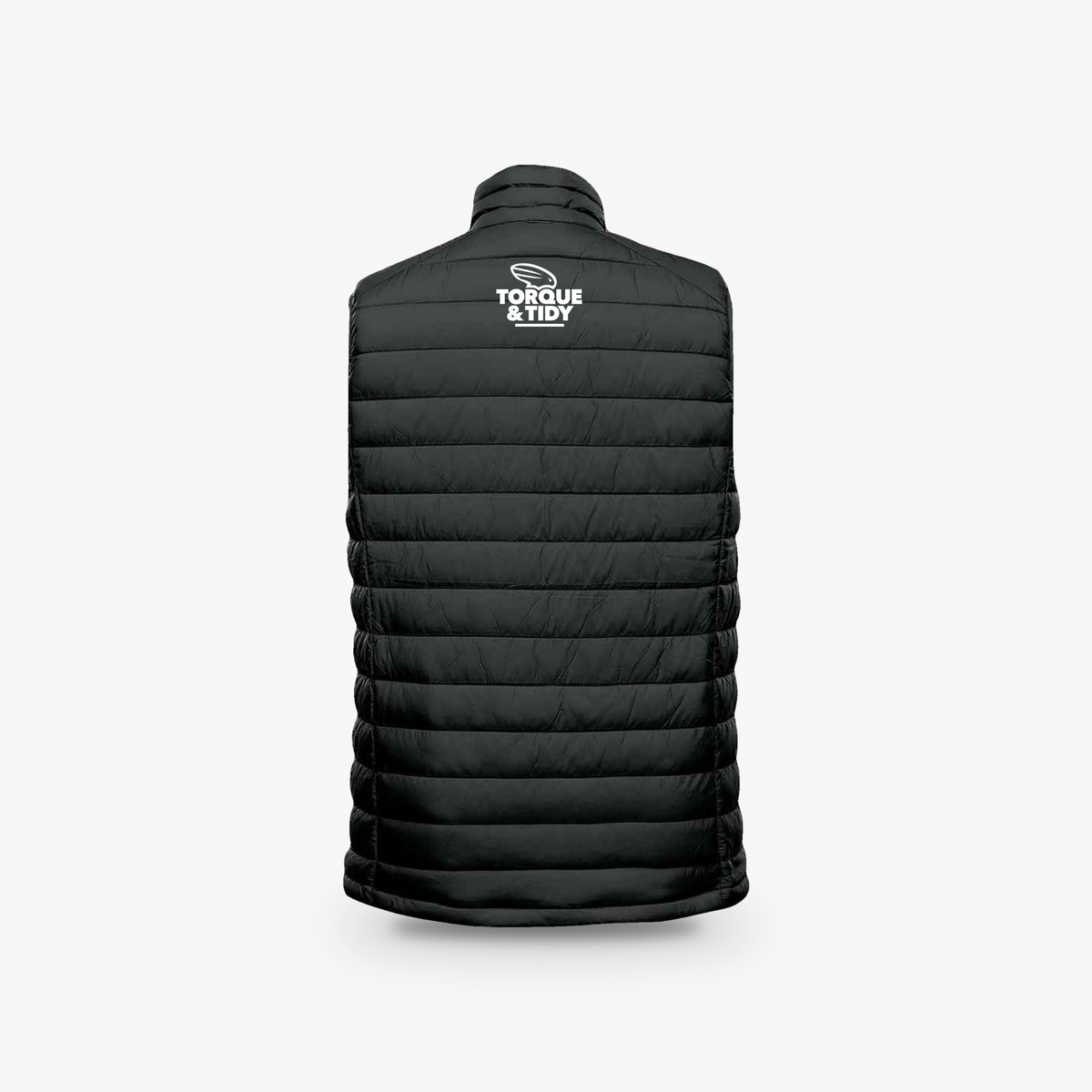 The Gilet in black, back view with logo