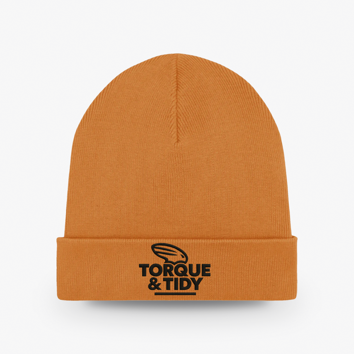 The Beanie in orange with embroidered Torque & Tidy logo