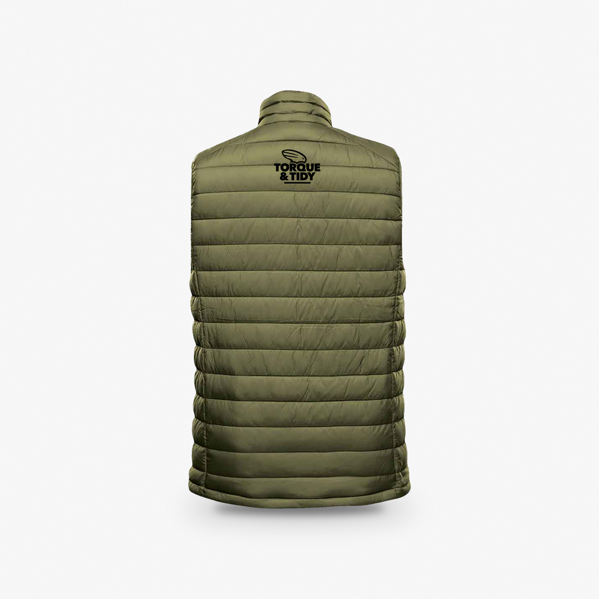 The Gilet in olive green, back view with logo