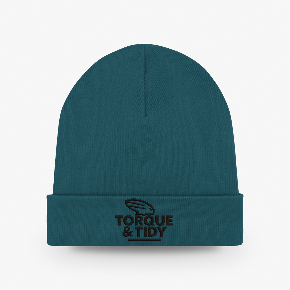The Beanie in teal with embroidered Torque & Tidy logo