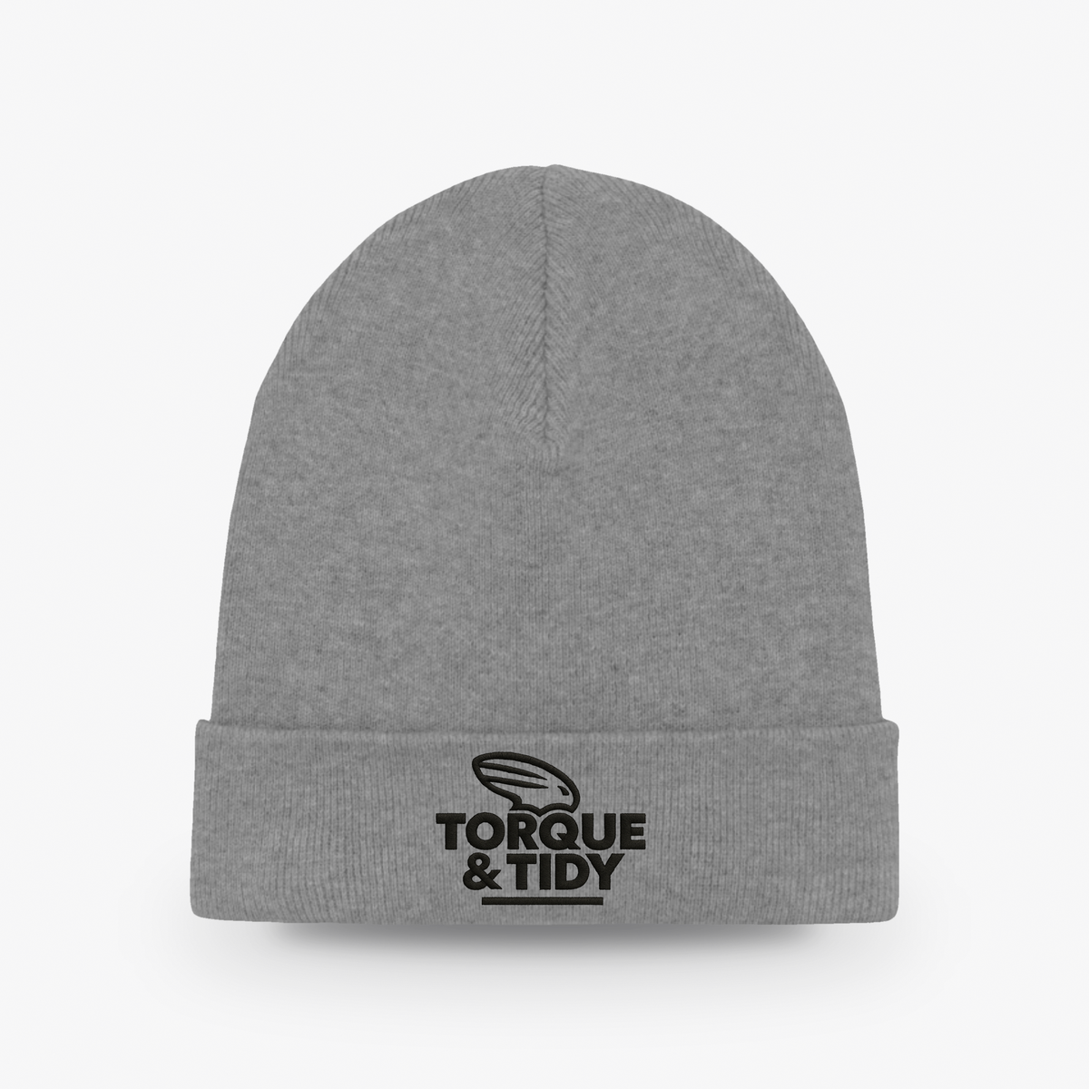 The Beanie in grey with embroidered Torque & Tidy logo