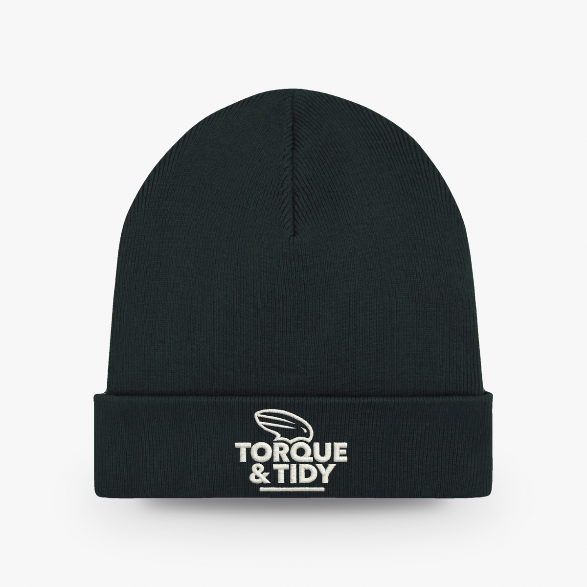 The Beanie in black with embroidered Torque & Tidy logo
