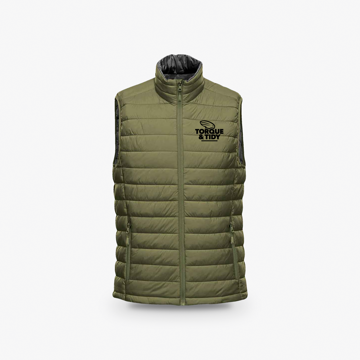 The Gilet in olive green with Torque & Tidy chest logo