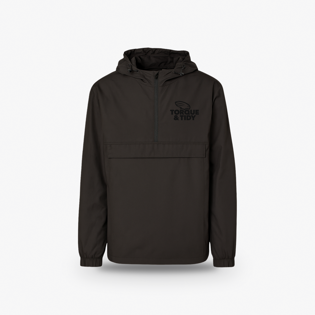 The Windbreaker in black, front view with chest logo