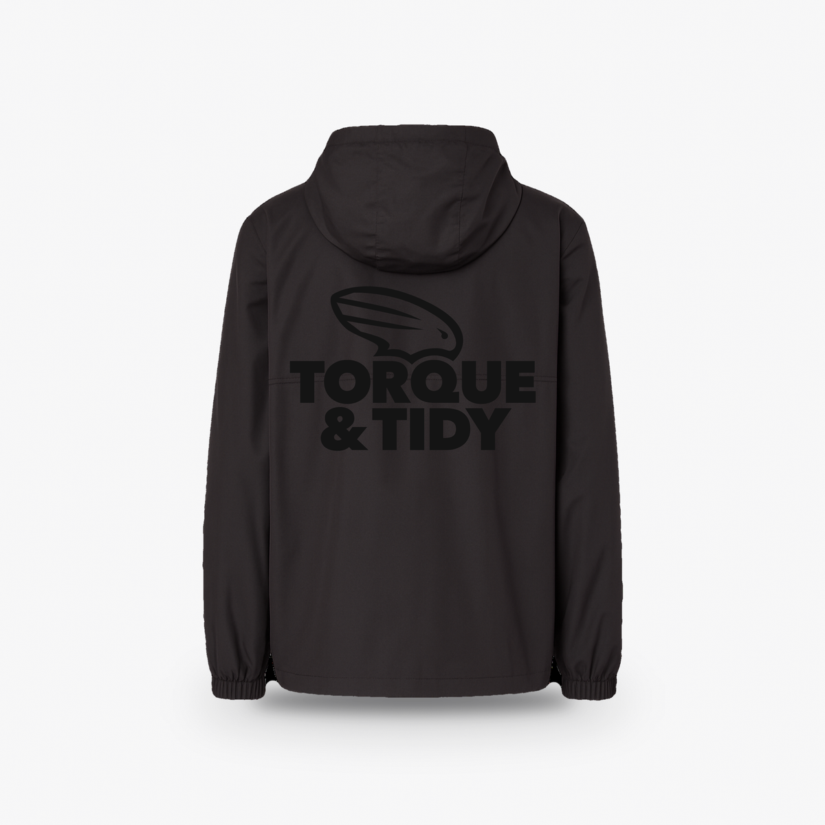 The Windbreaker in black, back view with large logo