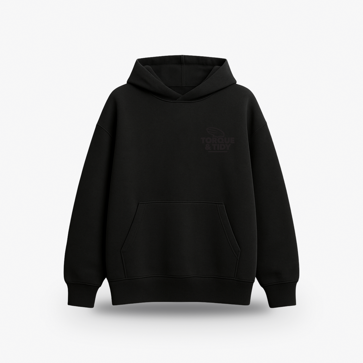 The Stealth Hoodie in black, front with tonal chest logo