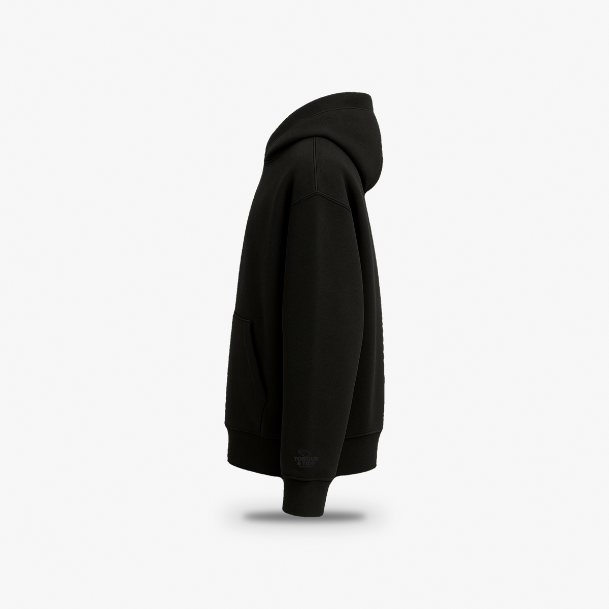 The Stealth Hoodie in black, side view