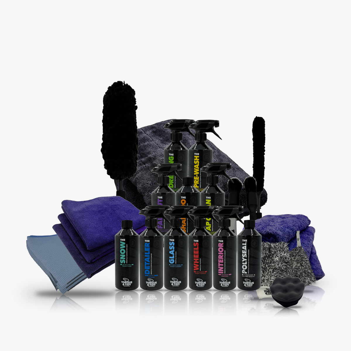 The Ultimate Bundle: eleven bottles with wheel wands, Dry Towel, cloths, brushes, wash mitt, wash pad and tyre applicator