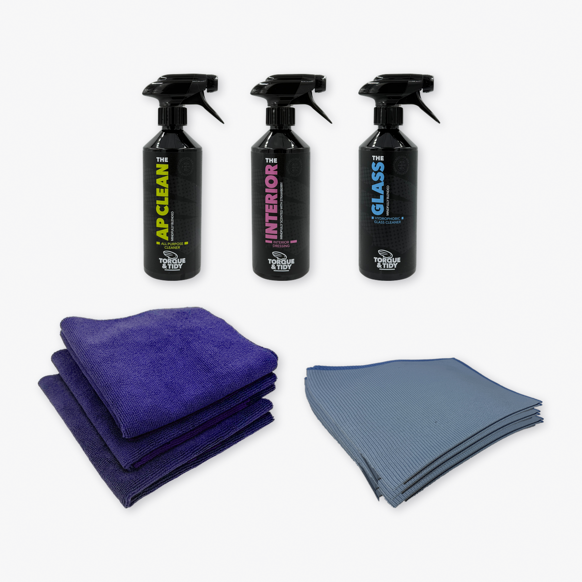 What's inside The Interior Bundle: AP Clean, Interior, Glass, GP Cloths and Glass Cloths laid out
