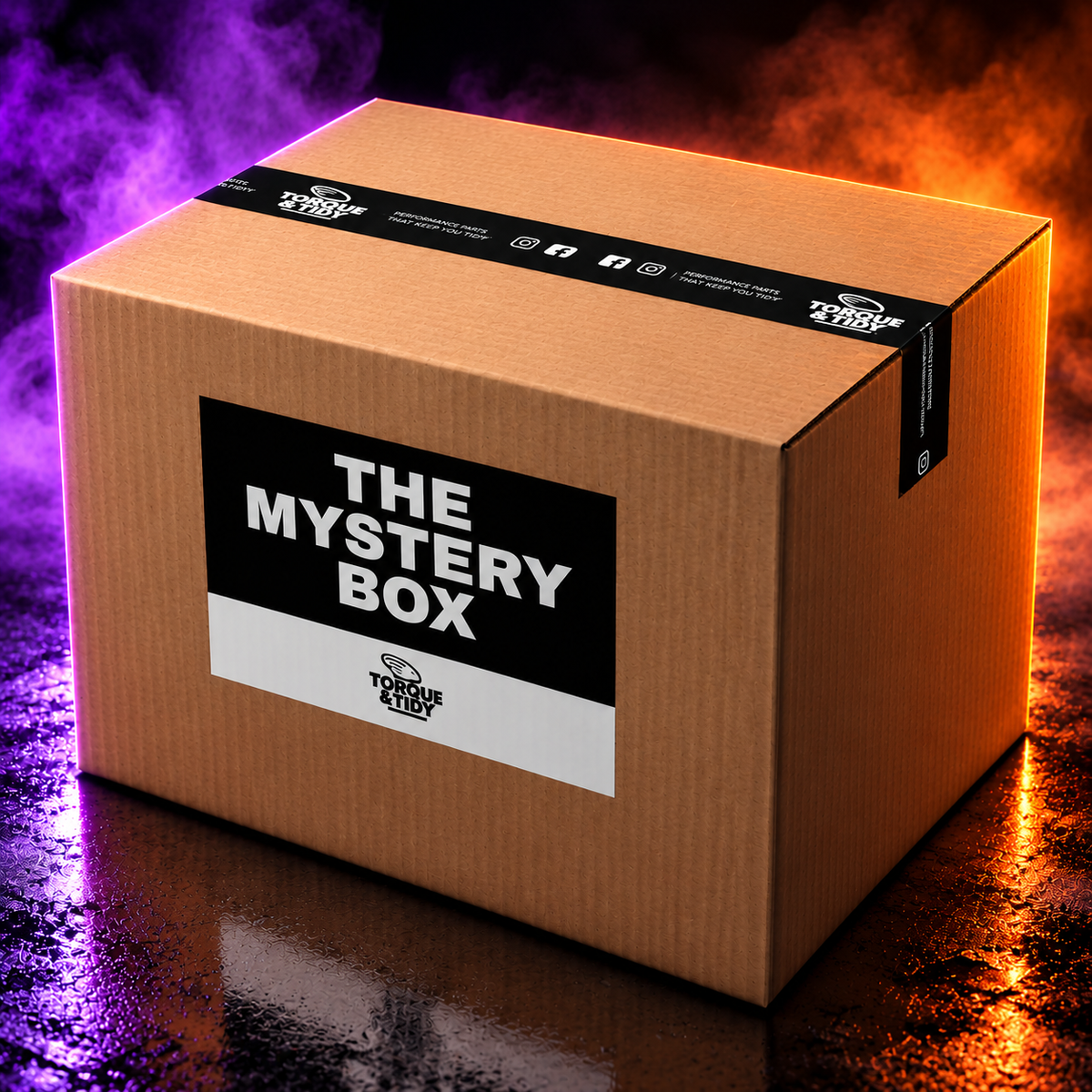 The Trick or Treat Mystery Box (The Full Fright, Large) on a smoky wet floor