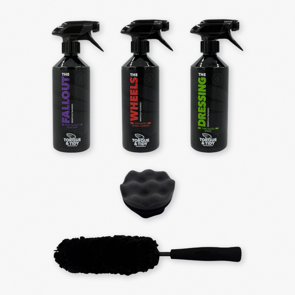 What's inside The Wheels Bundle: Fallout, Wheels, Dressing, tyre applicator and wheel wand laid out