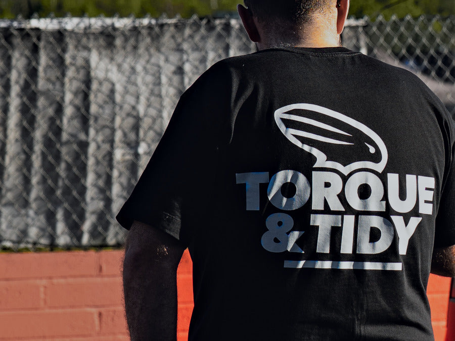 Torque & Tidy logo tee, back print, worn at the track