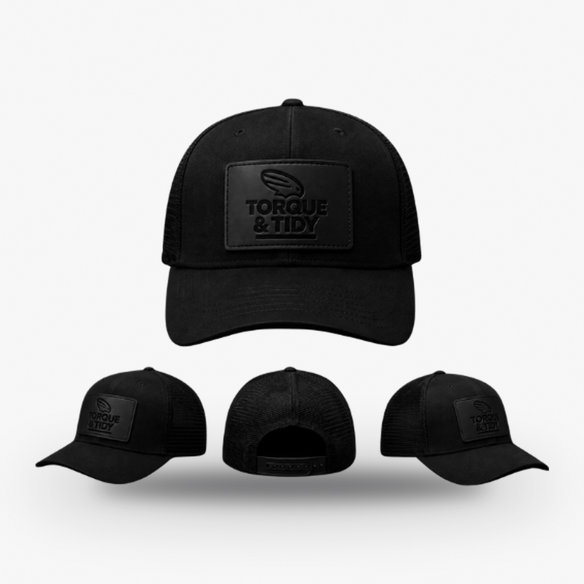 The Stealth Trucker cap in black with black rubber patch