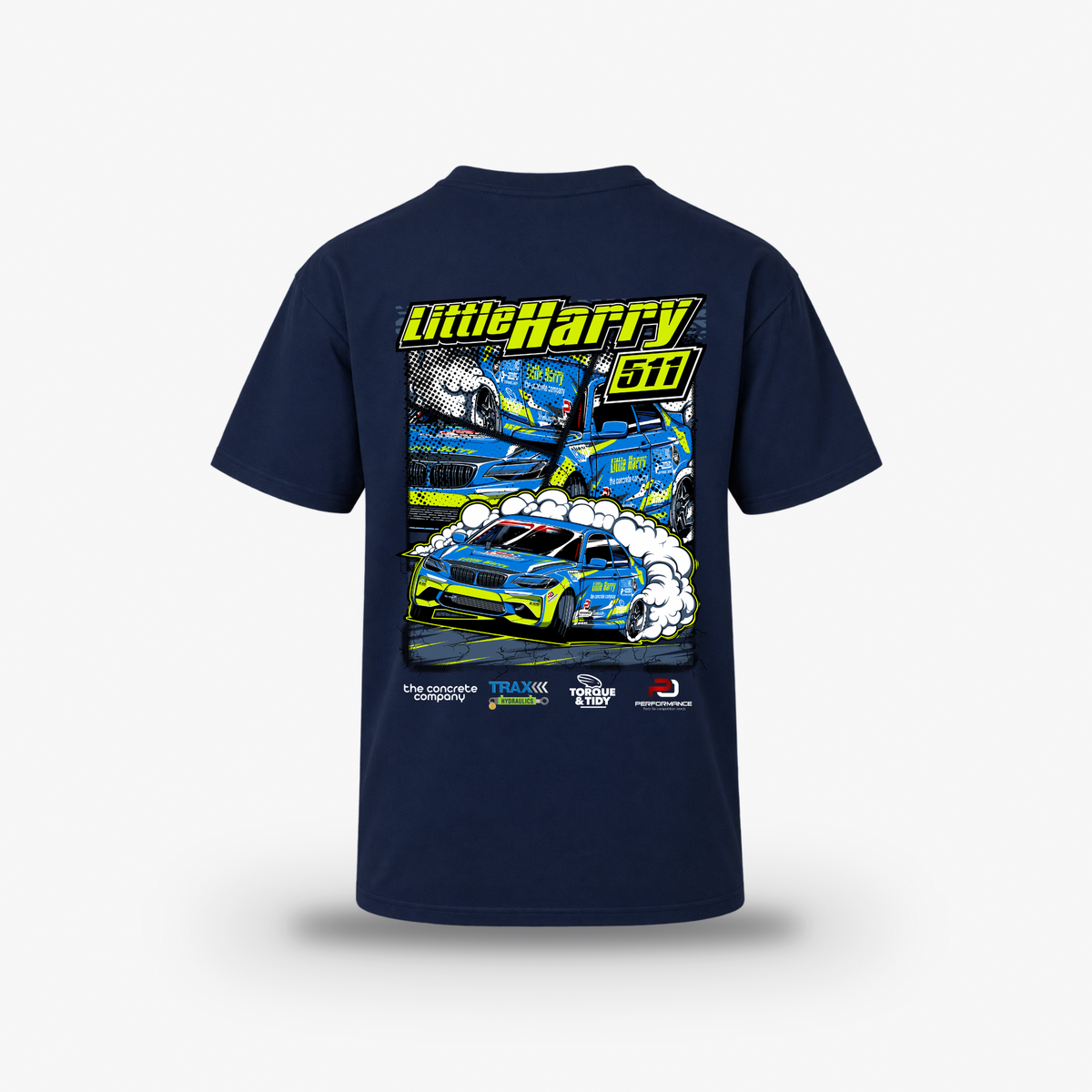 Little Harry Tee in navy, back print with Harry's #511 drift car