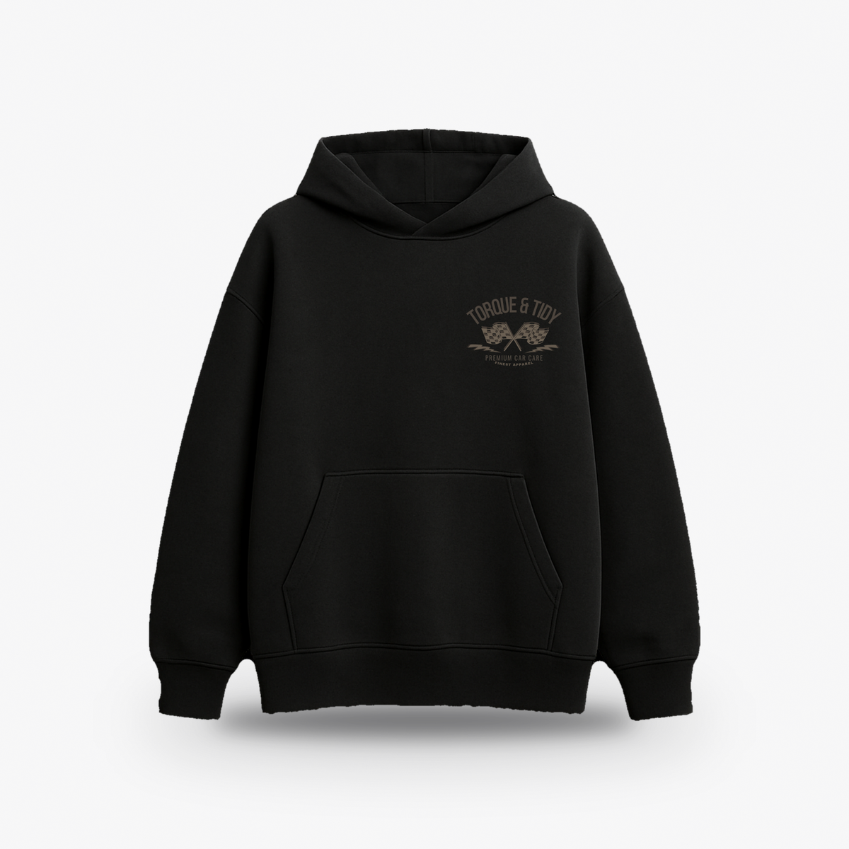 The Retro Hoodie in black, front with small chest print