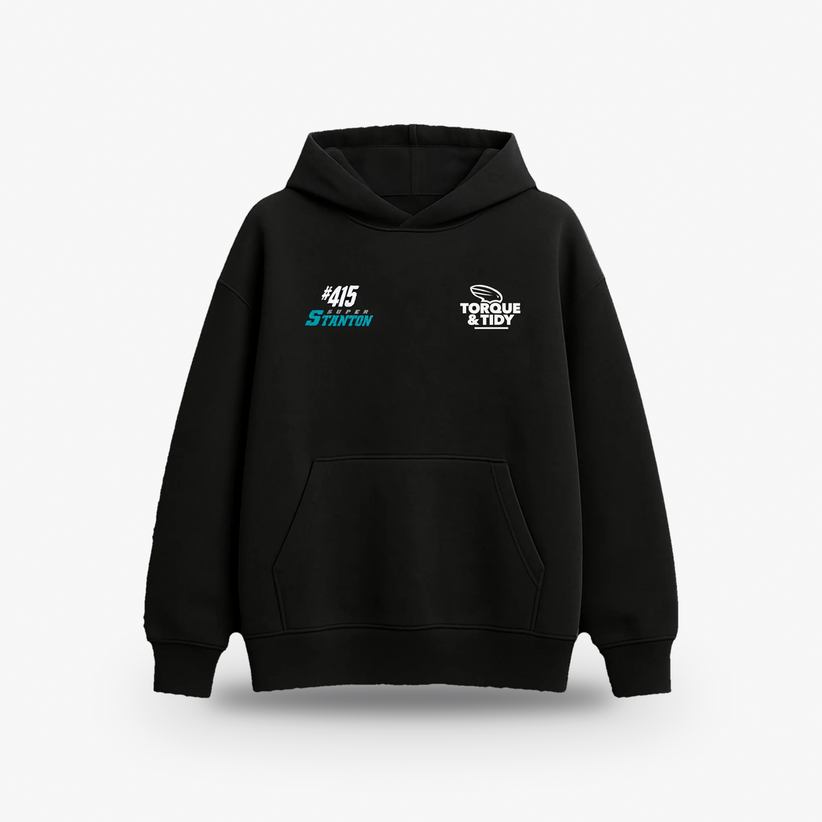 Super Stanton Hoodie, front with #415 and Torque & Tidy logos
