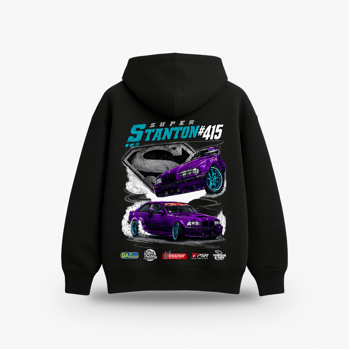 Super Stanton Hoodie, back print with the #415 purple E36
