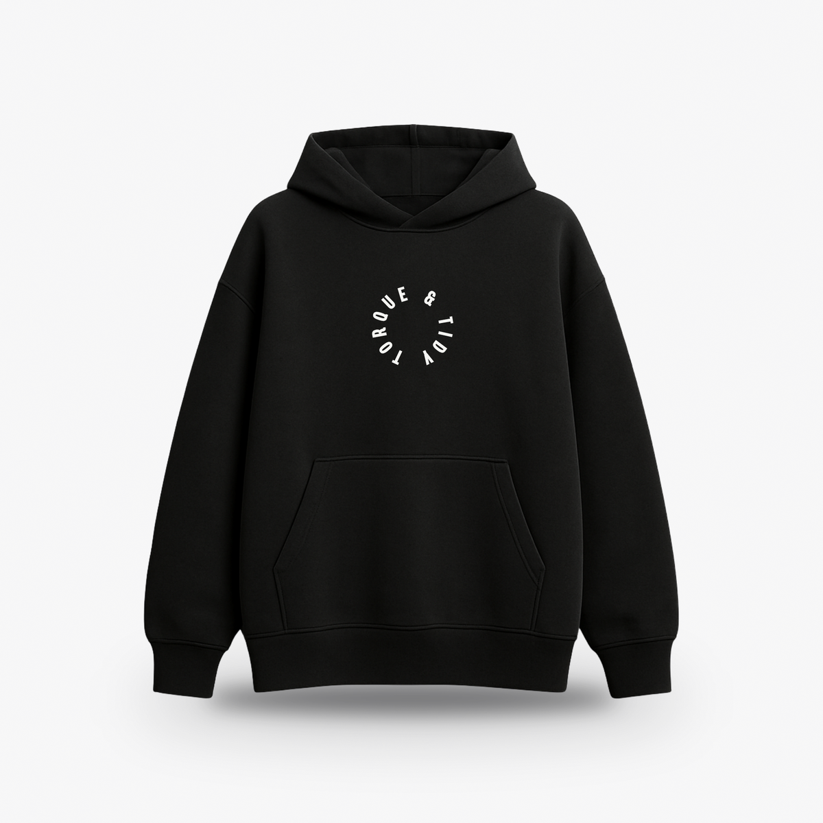 The Halo Hoodie in black, front with small circular logo
