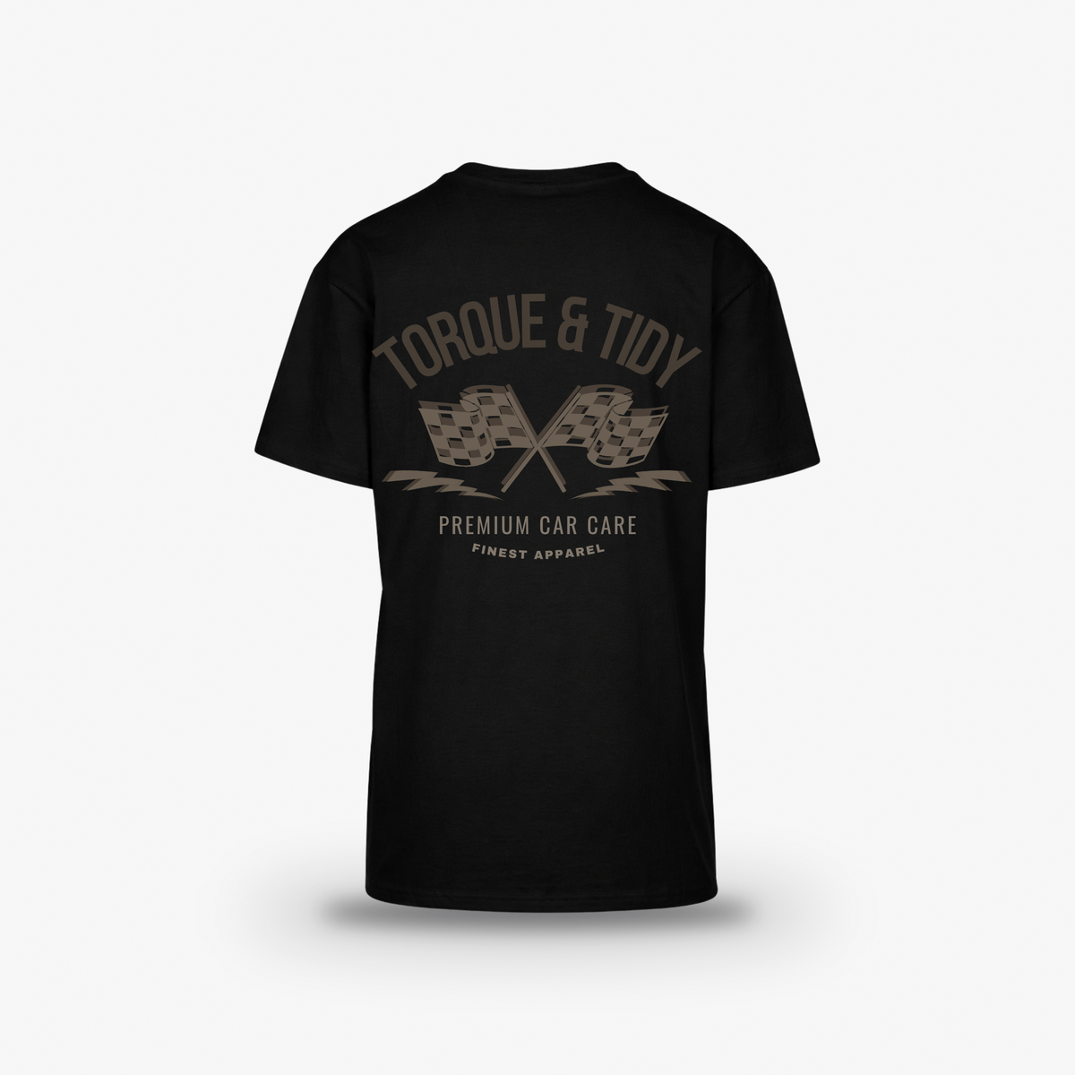 The Retro Tee in black, back print with crossed chequered flags