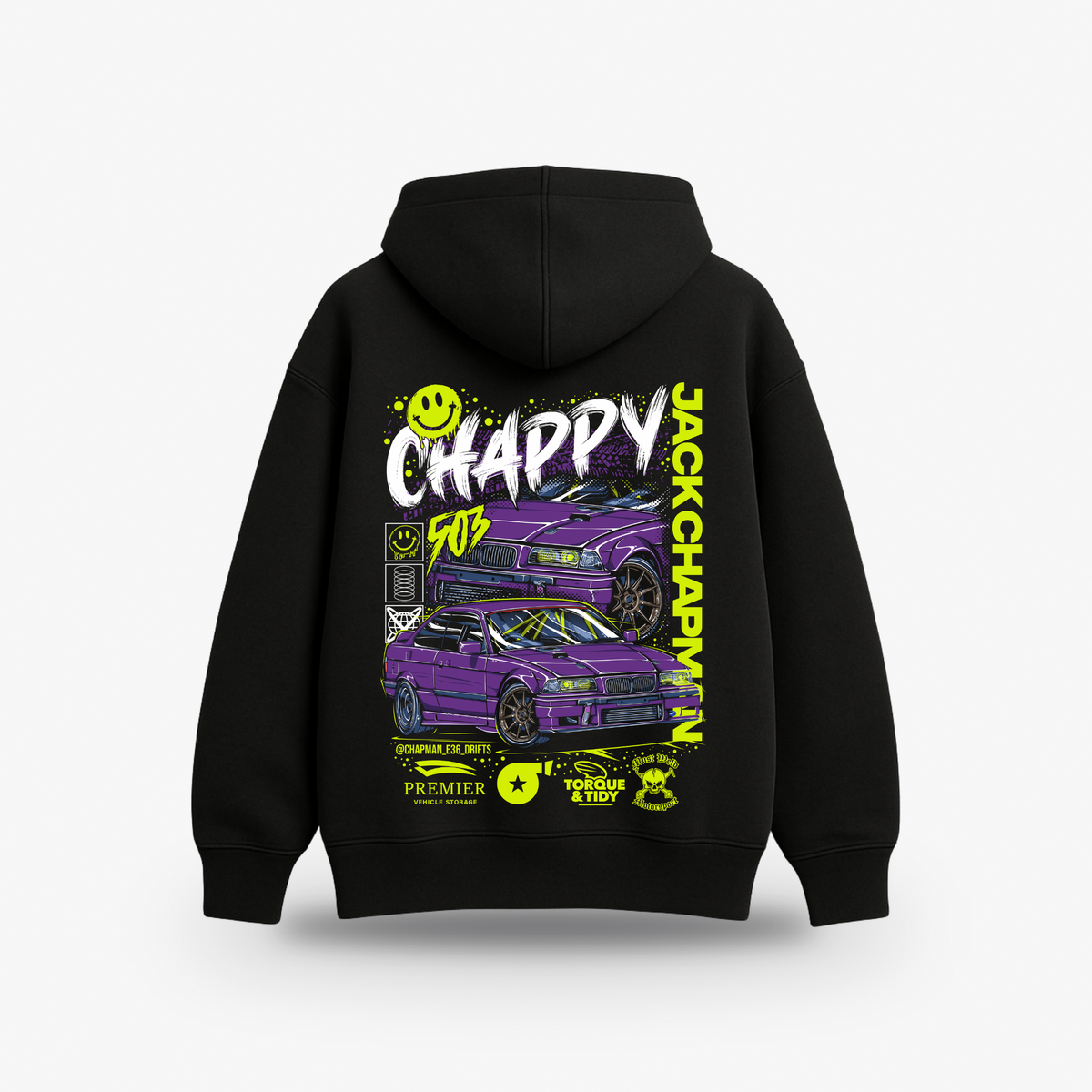 Chappy 503 Hoodie, back print with Jack Chapman's purple E36