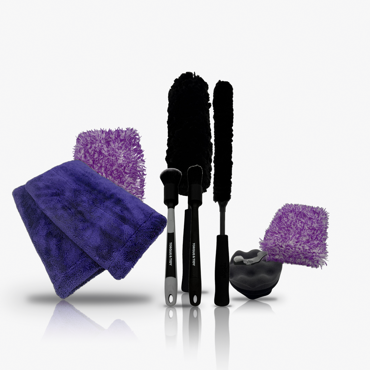 The Purple Accessories Bundle: Dry Towel, wash mitt, wash pad, wheel wands, detailing brushes and tyre applicator