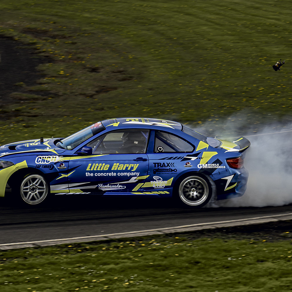 The Little Harry drift car sideways in tyre smoke at Drift League GB