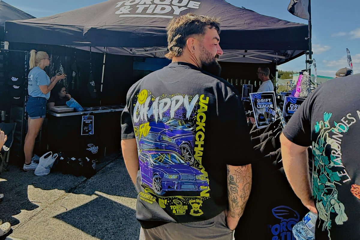 CHAPPY driver tee back print under the Torque & Tidy gazebo
