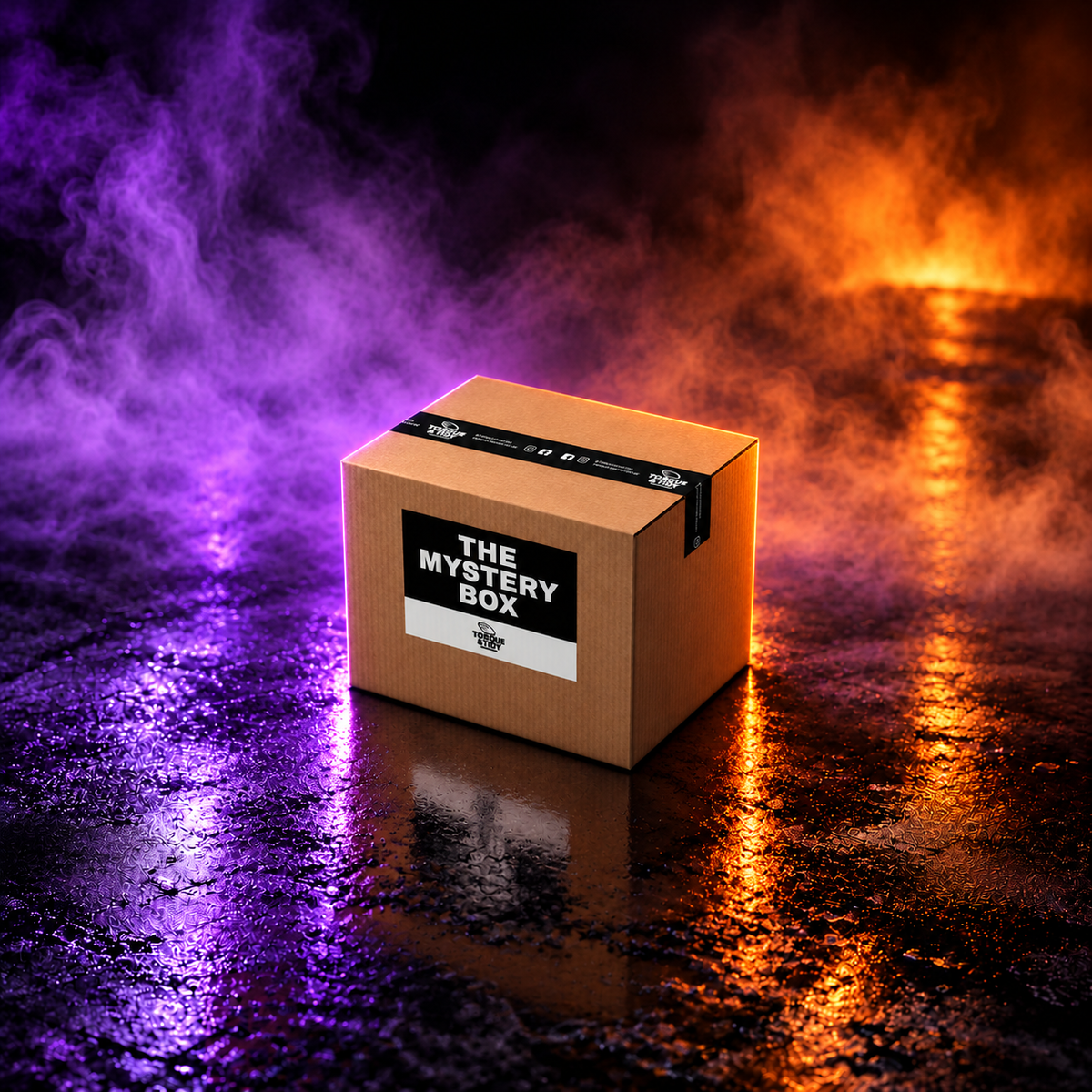 The Trick or Treat Mystery Box (The Trick, Small) on a smoky wet floor