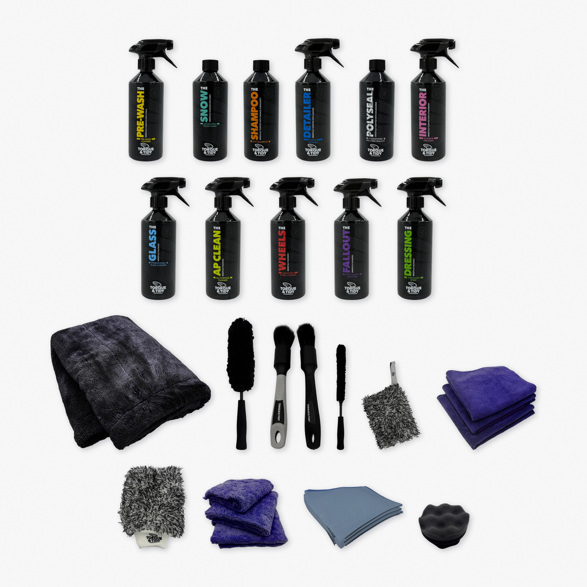 What's inside The Ultimate Bundle: eleven bottles, wheel wands, brushes, Dry Towel, cloths, mitt, pad and tyre applicator laid out